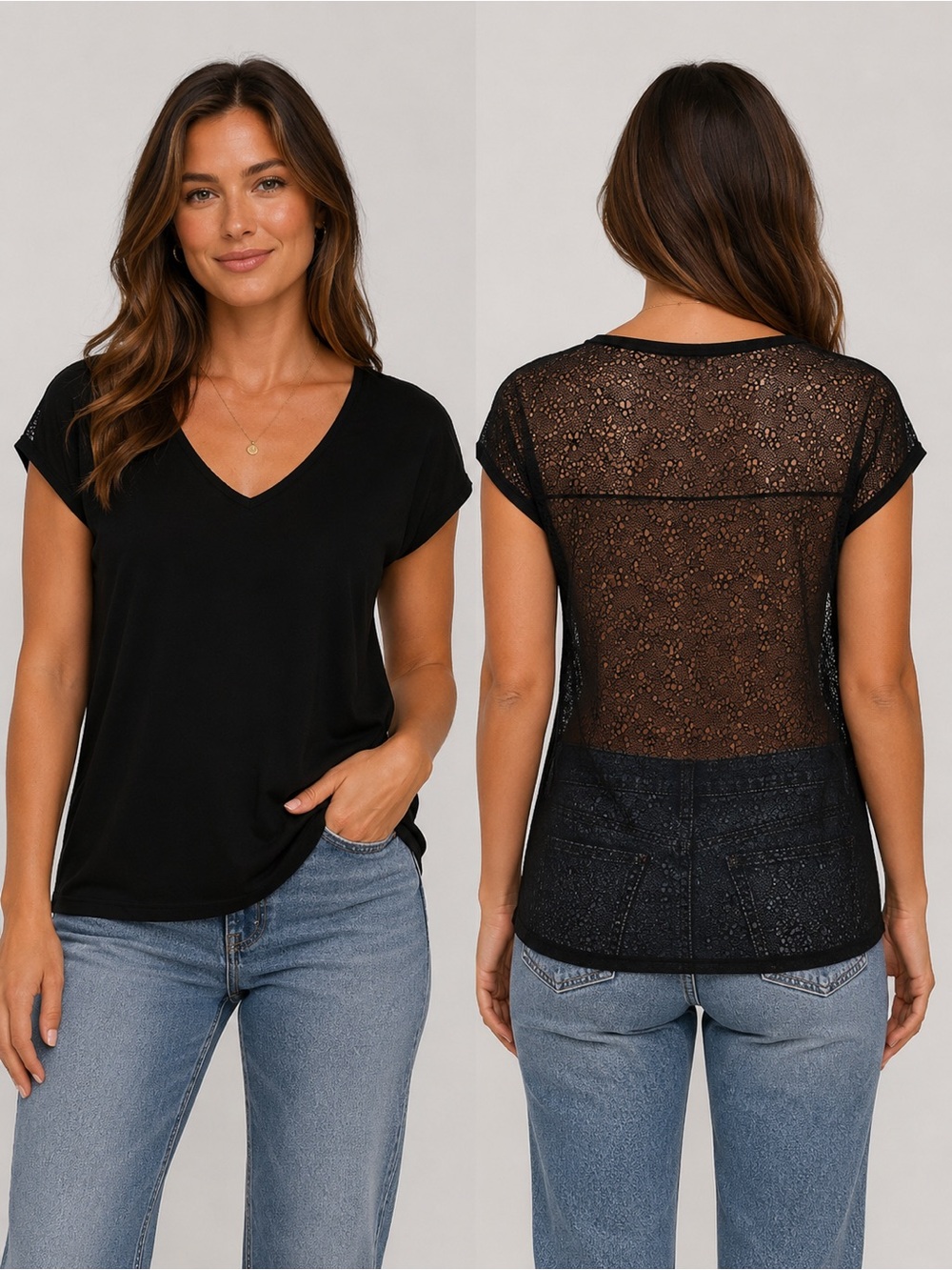 Rosemunde Copenhagen Black Lace Effect V-Neck Top